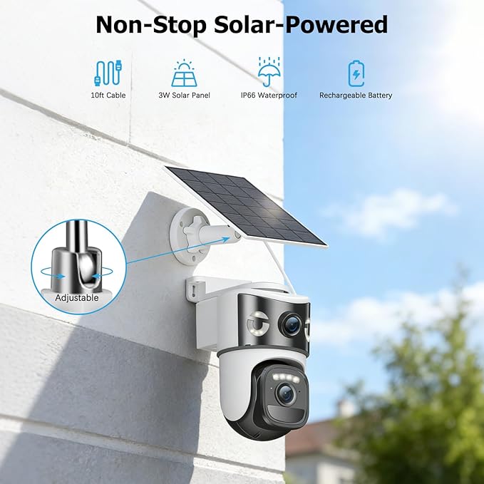 Dual Lens Security Cameras Wireless Outdoor, Solar-Powered Home Security Camera with 6MP Color Night Vision, 2-Way Audio, PIR Motion Alarm, 5GHz/2.4Hz WiFi, Spotlight Siren, Waterproof