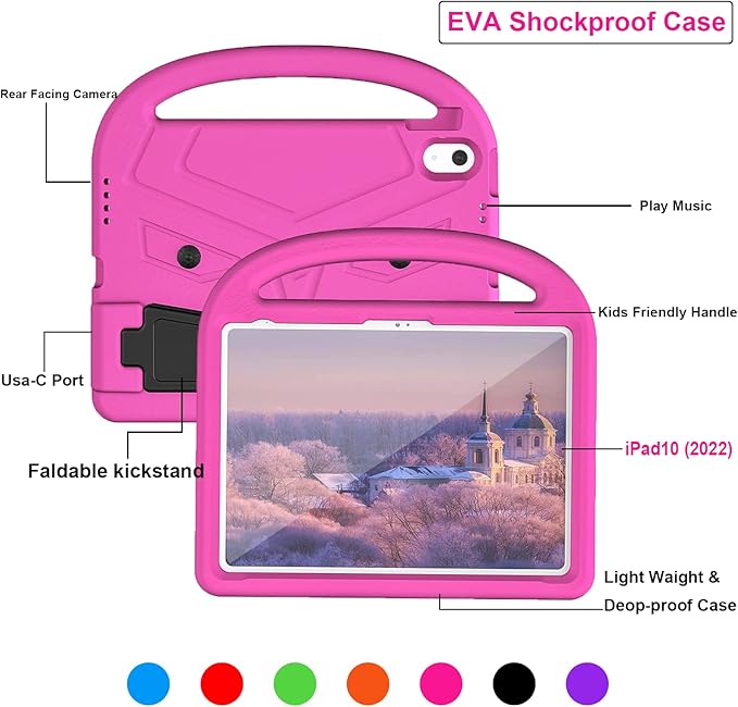 Dteck for iPad 10th Generation Case Kids 10.9 Inch 2022, Durable Lightweight Shockproof Protective Handle Stand EVA Foam Boys Girls Kids Proof Case for iPad 10th Generation 10.9 Inch 2022,Pink