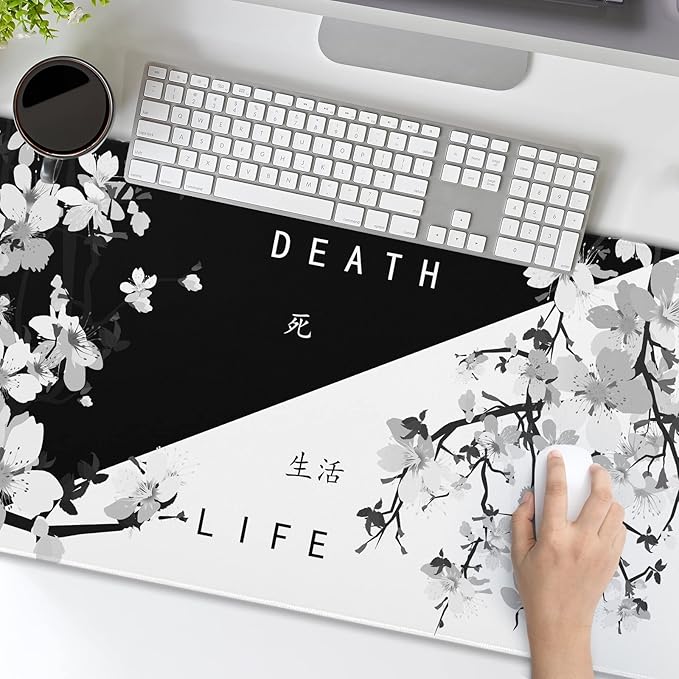Black White Japanese Mouse Pad 35.4 X 15.7 Inch XXL Cherry Blossom Death Life Full Desk Mousepad Extended Large Non-Slip Rubber Base Big Keyboard Mat with Stitched Edges for Gaming and Office