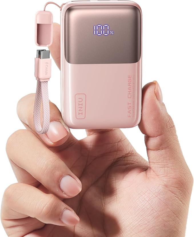 INIU Portable Charger, Ultra Mini 10000mAh 45W Fast Charging Power Bank, USB C Battery Pack with Cable, Flight-Safe Travel Powerbank for Women, Influencer, Student, Young People,Travel, Light Pink
