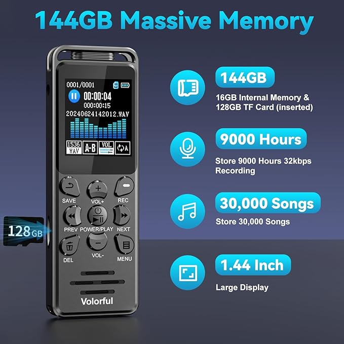 144GB Digital Voice Recorder with Playback, Volorful 1536Kbps Audio Recorder for Interviews Meetings, Voice Activated Recorder Recording Device with Noise Reduction, MP3 Stereo Player, Microphone