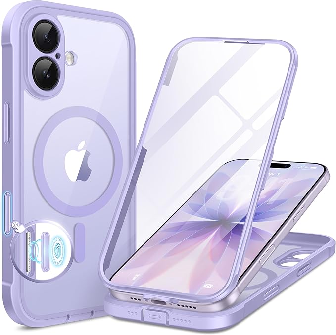 BERFY for iPhone 17 Case, Compatible with MagSafe, Built-in Glass Screen Protector, Camera Protection, Shockproof Full Body Phone case 6.3", Clear Purple