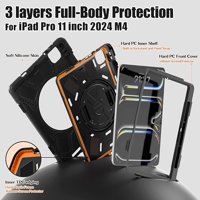 BRAECNstock for Apple iPad Pro 11 inch Case M5 2025/ M4 2024, Shockproof Protective Case with Pencil Holder,360° Rotating Hand Strap + Stand, Shoulder Strap for iPad Pro 11 M5/ M4, Black