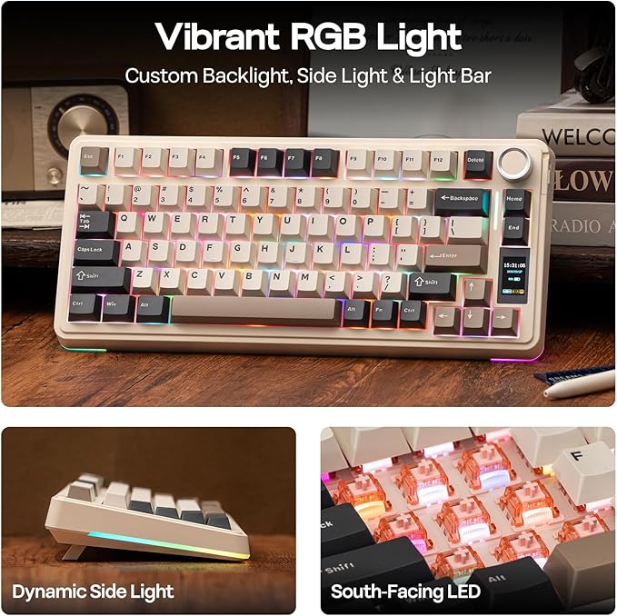 EPOMAKER X Aula EA75 MAX Wireless Gaming Keyboard with Screen & Knob, 5000mAh, Hot-Swap, Lubed Switches, RGB Backlit, Creamy Gasket, 75% Mechanical Keyboard (Retro White, Reaper Switch)