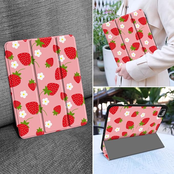 MEEgoodo Case for iPad Pro 12.9 Case M2 6th/5th/4th/3rd Generation 2022 2021 2020 2018, Protective Tablet Cover with Soft Back Shell for Kids, Strawberries & Flowers