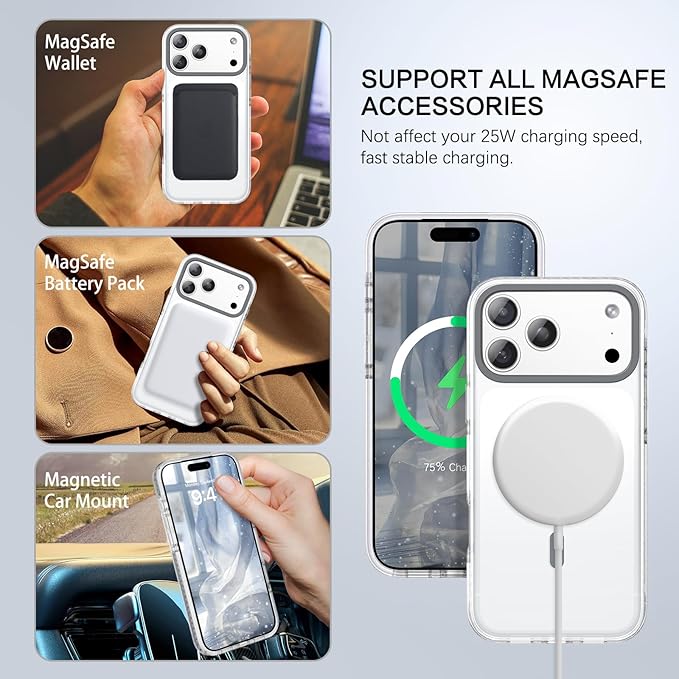 BENTOBEN Magnetic for iPhone 17 Pro 6.3" Case, Compatible with Magsafe Military Shockproof Protective Cute Transparent Slim Anti-Yellowing Phone Case for iPhone 17 Pro Cover, Clear Gray