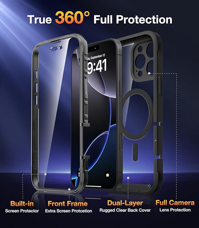 Diaclara Magnetic Designed for iPhone 16 Pro Case, Full Body Rugged with Touch Sensitive Anti-Scratch Screen Protector, Compatible with MagSafe, Soft Bumper Case for iPhone 16 Pro 6.3'', Black