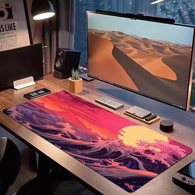 Japanese Sea Wave Large Gaming Mouse Pad with Stitched Edges, 31.5" x 15.7" Large Extended Computer Pad, Mouse Pad Protector with Non-Slip Waterproof Rubber Base Desk Pad for Laptop Office Accessories