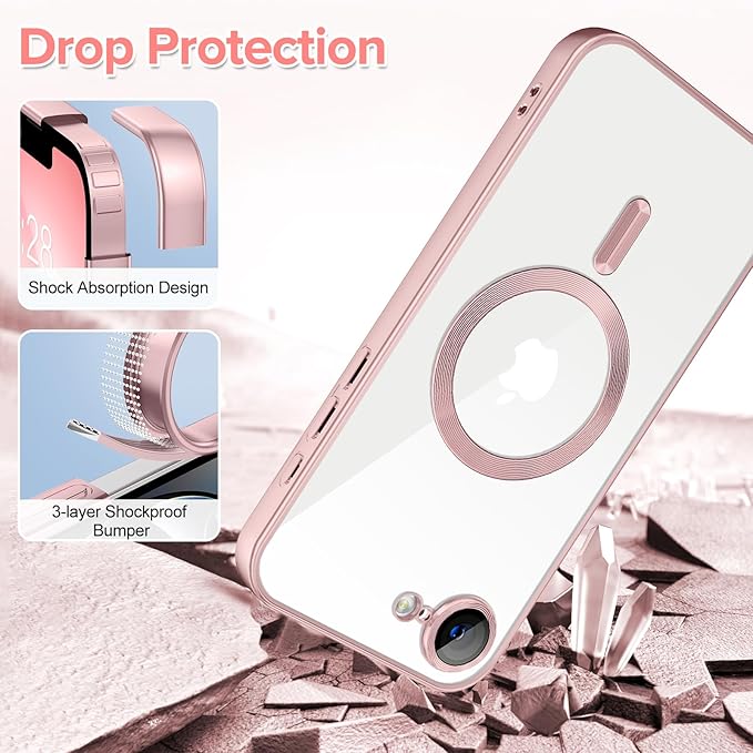 Hython Magnetic Clear for iPhone 17e Case with Camera Lens Protector [Compatible with MagSafe] Luxury Plating Edge Slim Soft TPU Cover Protective Phone Case for iPhone 17e 6.1", Matte Pink