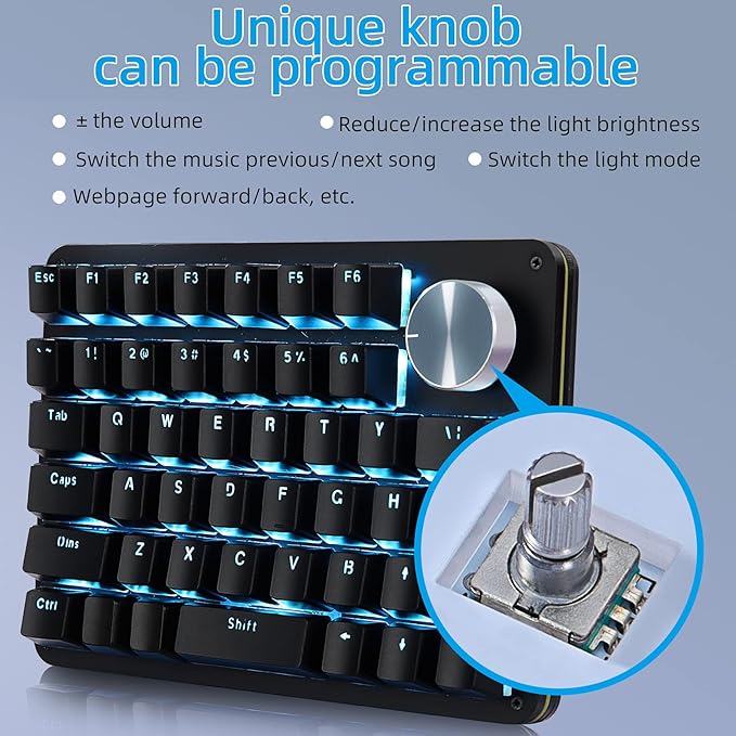 Koolertron One Handed Mechanical Gaming Keyboard with 24 Macro Keys, 45-Key Fully Programmable Mini Keypad, Blue Backlit/Red Switches for Windows PC Gamers