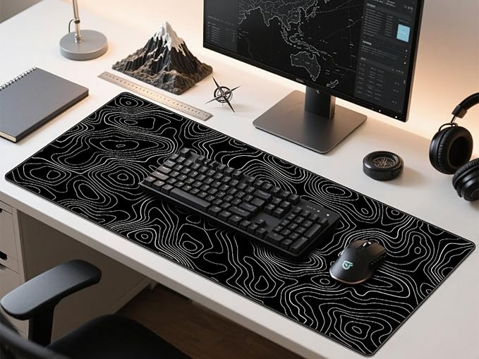 Rinaze Extra Large Gaming Mouse Pad with Black Topographic, XXL Mousepad, Big Mouse Mat Desk Pad, Non Slip Keyboard Pad for Gaming Computer Laptop PC Office Desk Accessories