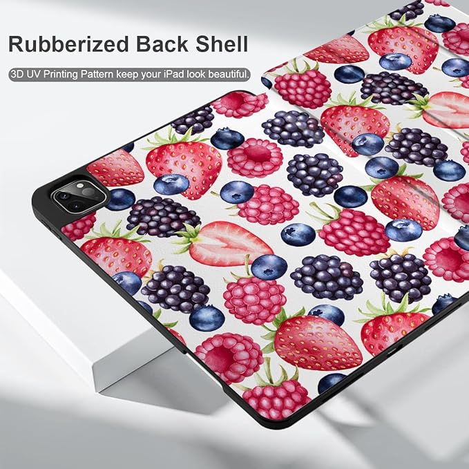 MEEgoodo for iPad Pro 12.9 Case M2 6th/5th/4th/3rd Generation 2022 2021 2020 2018 with Pencil Holder, Tablet Cover with Soft TPU Back Shell, Fresh Berries Pattern