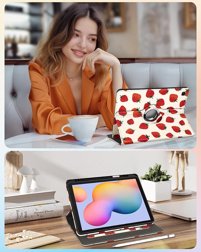 Kidcube for Samsung Galaxy Tab S6 Lite Case 10.4 Inch 2024/2022/2020 - Women Girls Cute Rotating Stand Folio Cover with Pencil Holder & Card Slot Girly Pretty Strawberry Design Cases for Tab S6 Lite