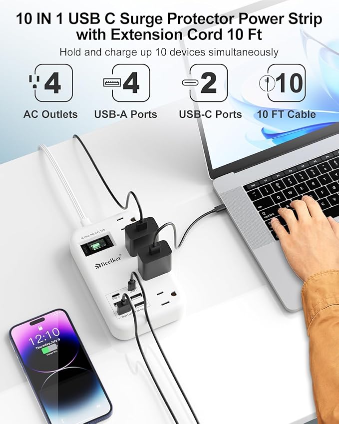 Beeiker 6 USB(2 USB C) Surge Protector Power Strip- 10 Ft Extension Cord with 24W USB Charging Station and 4 Outlets, Long Flat Extension Cord with Multiple Outlets for Travel Home Office Dorm White