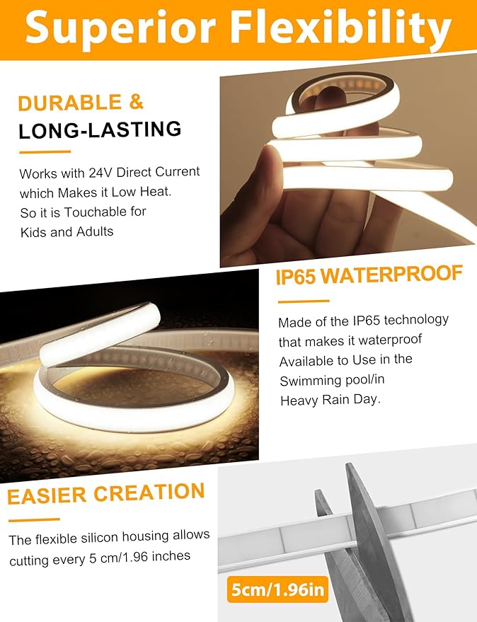 Lamomo COB LED Strip Lights, 9.84Ft Natural White Dimmable Self-Adhesive Led Rope Light with Remote, Flexible Cuttable Waterproof 4000K Silicone Neon Tape Light for Bedroom,Indoor, Cabinet, 10mm Width