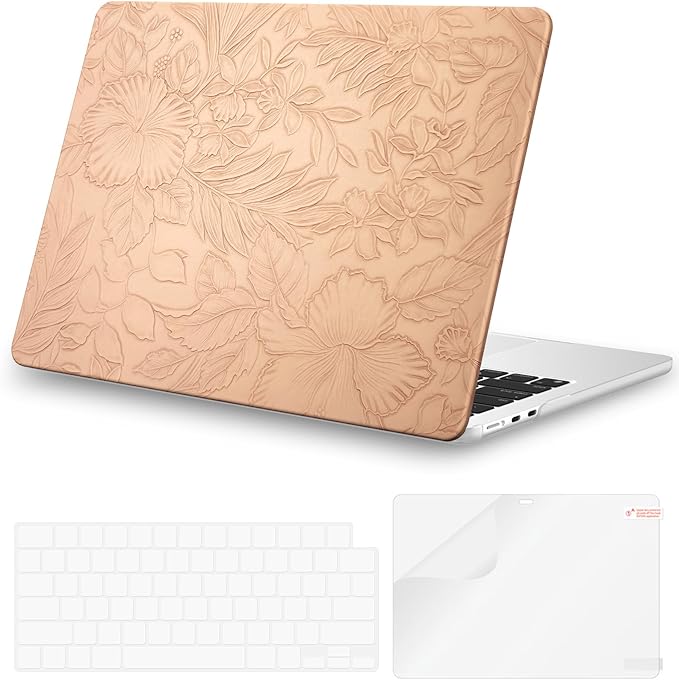 iCasso for MacBook Air 13 Inch Case M5 2026 2025-2022 A3449 M4 A3240 M3 A3113 M2 A2681, Retro Leather Hard Shell Case for MacBook Air 13.6 Inch+Keyboard Cover+Screen Protector, Pink Embossed Floral