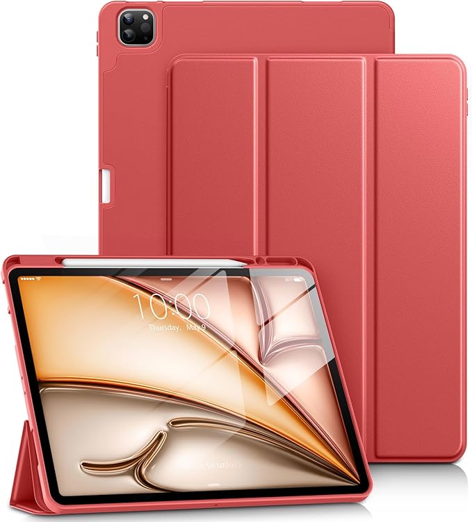 DTTO for iPad Air 13 Inch Case M4/M3/M2 2026/2025/2024, iPad Pro 12.9 Inch Case (6th/5th/4th/3rd Gen), Smart Slim Trifold Stand Soft Cover with Pencil Holder, Red