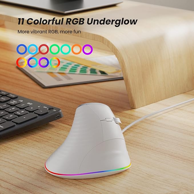 Nulea M504 Wired Vertical Mouse, USB Ergonomic Optical Mouse with 4 Adjustable DPI, 11 RGB Backlight Modes, Compatible for Laptop, PC, Desktop, Mac, White