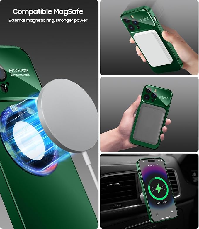 MAKAVO Magnetic for iPhone 16 Pro Max Case, Compatible with MagSafe, Built-in Camera Lens Protector, Logo View, Military Grade Drop Protection Phone Cover, Green