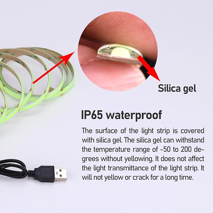 DC 5V USB COB Green LED Strip Light Dimmable IP65 Waterproof USB Powered 6.6ft/2M 640LEDs with Dimmer High Brightness Flexible LED Tape Lights