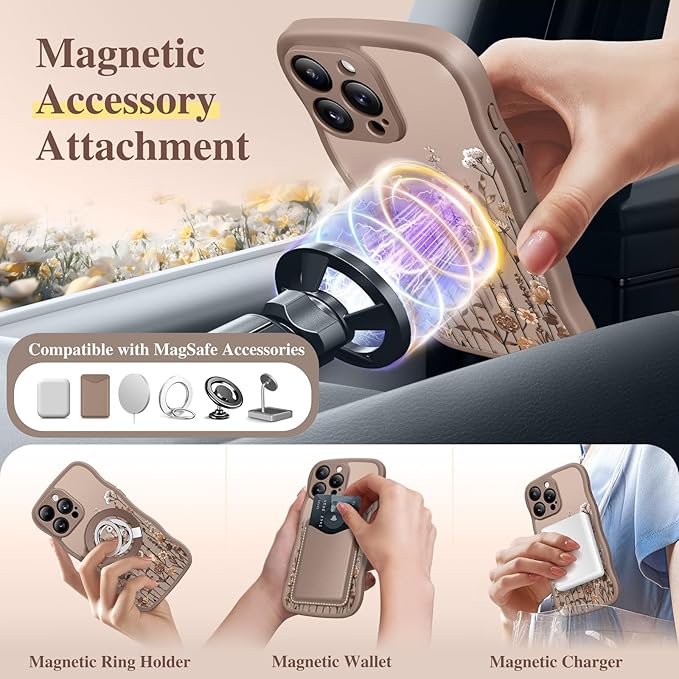 GVIEWIN for iPhone 15 Pro Max Case Compatible with MagSafe [Curly Wave Edge][Full Camera Protection] Floral Translucent Shockproof Magnetic Women Phone Case for 15 Pro Max 6.7'', Floratopia/Brown