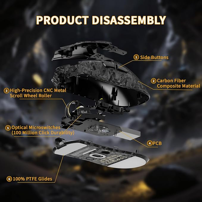 ATTACK SHARK X11Ultra 8K Carbon Fiber Wireless Gaming Mouse,Nordic 54L15 MCU,PAW3950MAX Sensor,59g Superlight,42000 DPI,BT/2.4Ghz/Wired Mouse with 100 Million Clicks,Programmable for Pc/Mac,Black pro