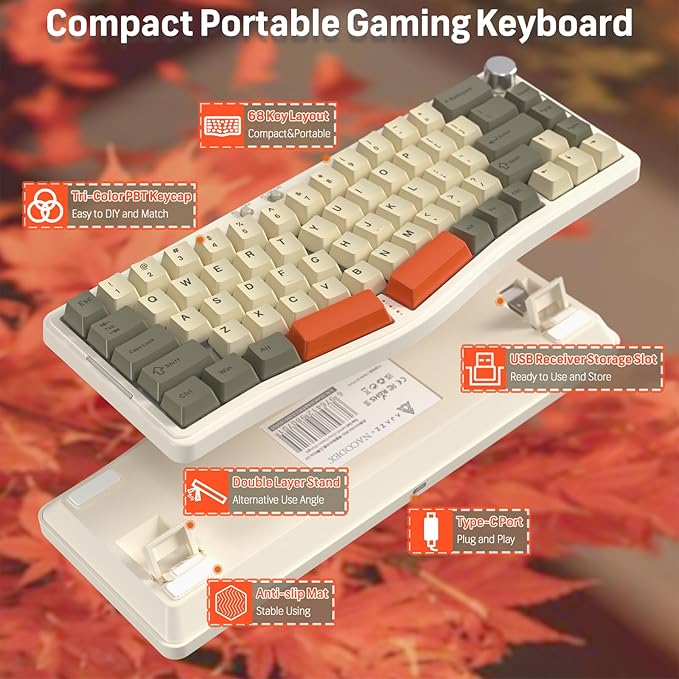 ATTACK SHARK AKS068PRO Wireless Mechanical Gaming Keyboard 65% Alice Layout Hot-swap Gasket with Wired/BT5.1/2.4Ghz RGB Backlit VIA Programmable Knob 3000mAh Battery Sea Salt Switch for Win/Mac(Gray)