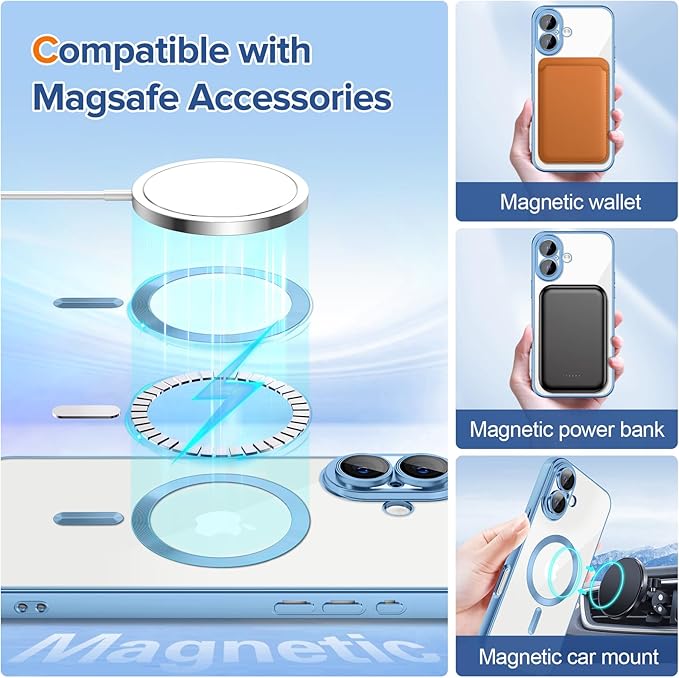 Hython Magnetic Clear for iPhone 17 Case with Camera Lens Protector [Compatible with MagSafe] Luxury Plating Edge Slim Soft TPU Cover Protective Phone Case for iPhone 17 6.3", Matte Light Blue