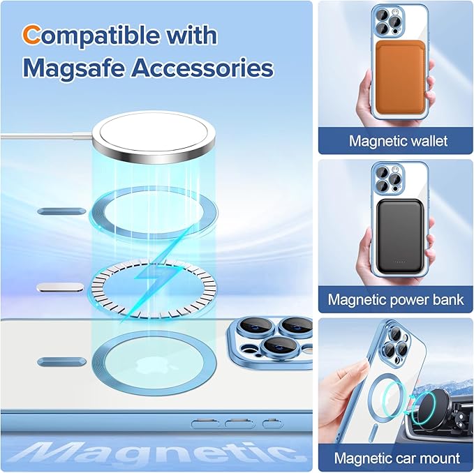 Hython Magnetic Clear for iPhone 15 Pro Max Case with Camera Lens Protector [Compatible with MagSafe] Plating Edge Slim Soft TPU Cover Protective Phone Case for iPhone 15 Pro Max, Matte Light Blue