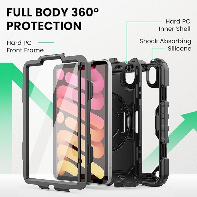 SEYMAC Case for iPad mini 7 (A17 Pro) 2024/ Mini 6 8.3″, Full-Body Shockproof Protective Case with Screen Protector, 360° Rotating Stand, Hand/Shoulder Strap for iPad mini 7th/ 6th Generation, Black