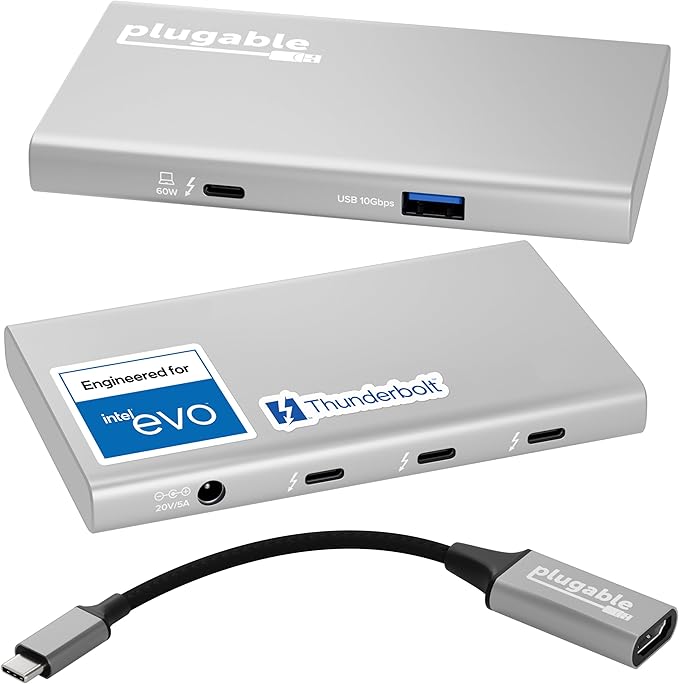 Plugable 5-in-1 Thunderbolt 4 Hub,Single 8K or Dual 4K Display, 4K HDMI Adapter Included, Thunderbolt 4/3, USB4,USB-C Expansion for Modern Mac and Windows Systems, Driverless