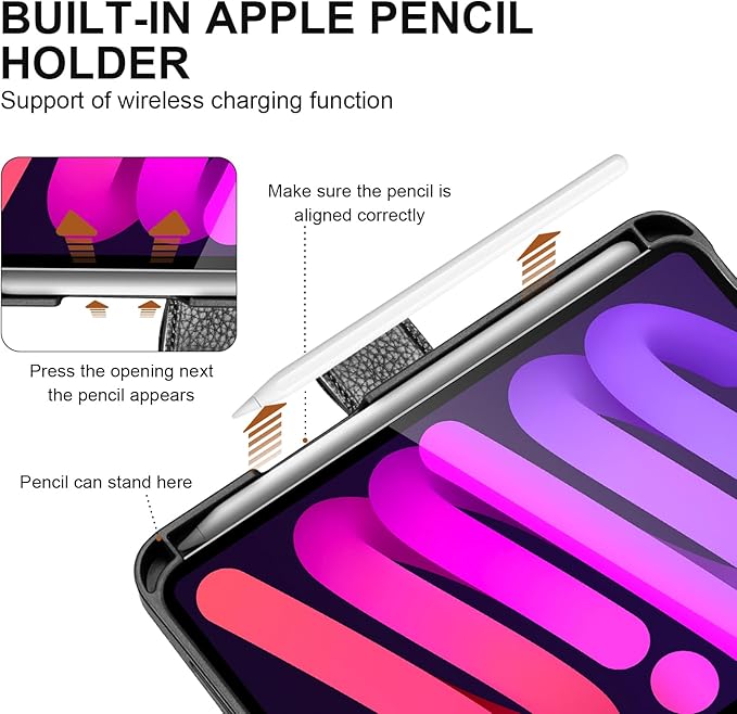 Genuine Leather Case for iPad mini 7th/6th Gen 8.3 Inch 2024/2021 | with Pencil Holder and Adjustable Stand, Magnetic Closure, Auto Wake/Sleep Cover | Black