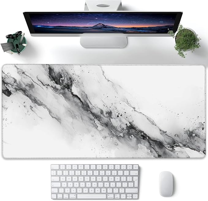 XXL Mouse Pad, White Black Marble Texture Large Desk Mat for Desktop, Extended Large Gaming Mouse Pad Mouse Mat with Non-Slip Rubber Base Stitched Edges for Computer Keyborad Home Office 35.4"X15.7"