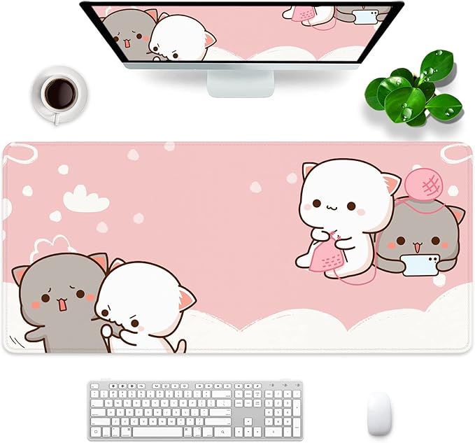 Pink Large Gaming Mouse Pad Kawaii Desk Pad XXL Cute Cat Mouse Mat 35x15.7x0.12 inch Desk Accessories (Pink Cat -2)