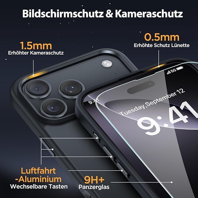 Miracase Magnetic for iPhone 17 Pro Case 6.3" with Screen Protector, [Compatible with MagSafe] Military-Grade Protection, Anti-Fingerprint, Slim Thin Phone Case for iPhone 17 Pro Cover, Black