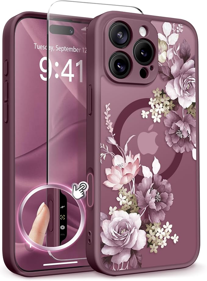 GVIEWIN for iPhone 16 Pro Max Case Compatible with MagSafe, [Military Grade Protection] [Screen Protector] Full Camera Protection Floral Translucent Women Magnetic Phone Case, Cherry Blossoms/Burgundy