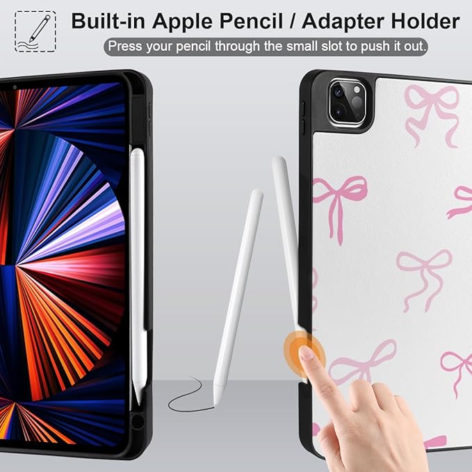 DONGKE Case for iPad Pro 12.9 inch 6th Generation 2022, Built-in Pencil Holder + Trifold Stand + Auto Wake/Sleep + Protective Cover for iPad Pro 12.9 5th/4th/3rd Gen - Pink Bows