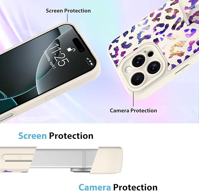 KANGHAR Compatible with iPhone 16 Pro Case, Support for MagSafe, Silicone Cute Iridescent Leopard Cheetah Pattern, Wristband Kickstand Shockproof Protective Slim Cover for Women Girls, White