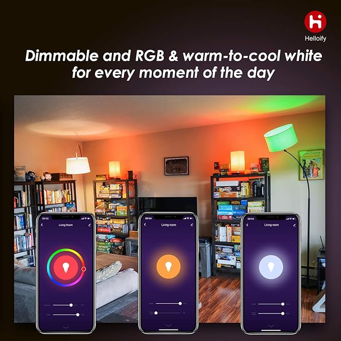 helloify BR30 Smart WiFi LED Light Bulbs, RGBCW Multi-Color Changing, Warm to Cool White Dimmable, Compatible with Alexa & Google Home (No Hub), 60W Equivalent E26, RGB+2700K-6500K, 2 Count