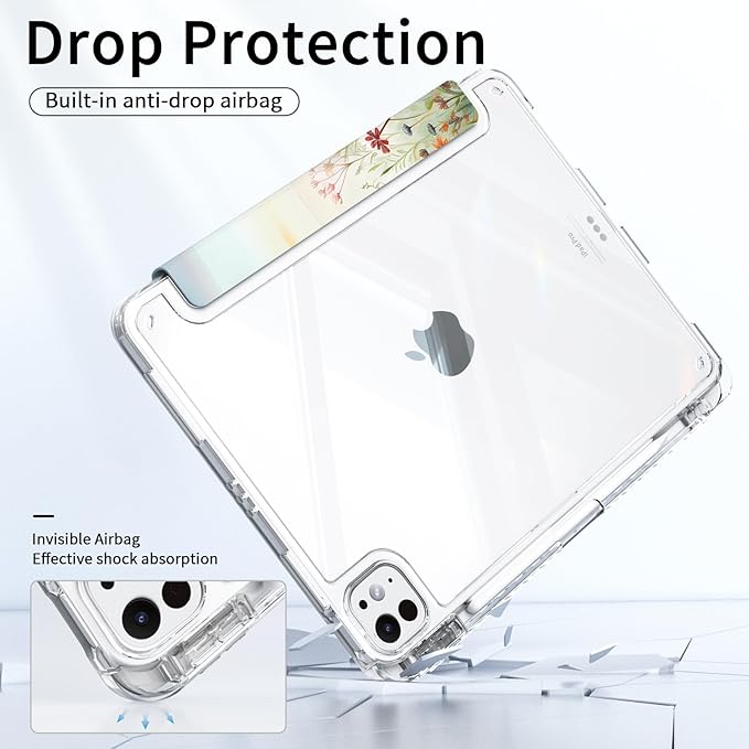 Slim Case for iPad Pro 11 Inch M4 (2024, 5th Generation) & M5 (2025, 6th Gen) with Pencil Holder, Trifold Stand, Shockproof Protective Transparent Clear Back Cover, Watercolor Floral