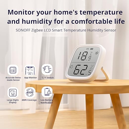 SONOFF Zigbee Indoor Temperature Humidity Sensor, SNZB-02D LCD Zigbee Thermometer Hygrometer, Works with Alexa, Google Home for Remote Monitoring and Home Automation, ZigBee 3.0 Hub Required, 4-Pack