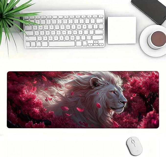 Wildlife Extended Mouse Pad Lion Pink Flower XL Mouse Pad Large Mousepad Extended Laptop Keyboard Mat Gaming Desk Pad Mouse Mat for Office Desktops, Home Workstations, and Laptops 31.5x11.8 Inch