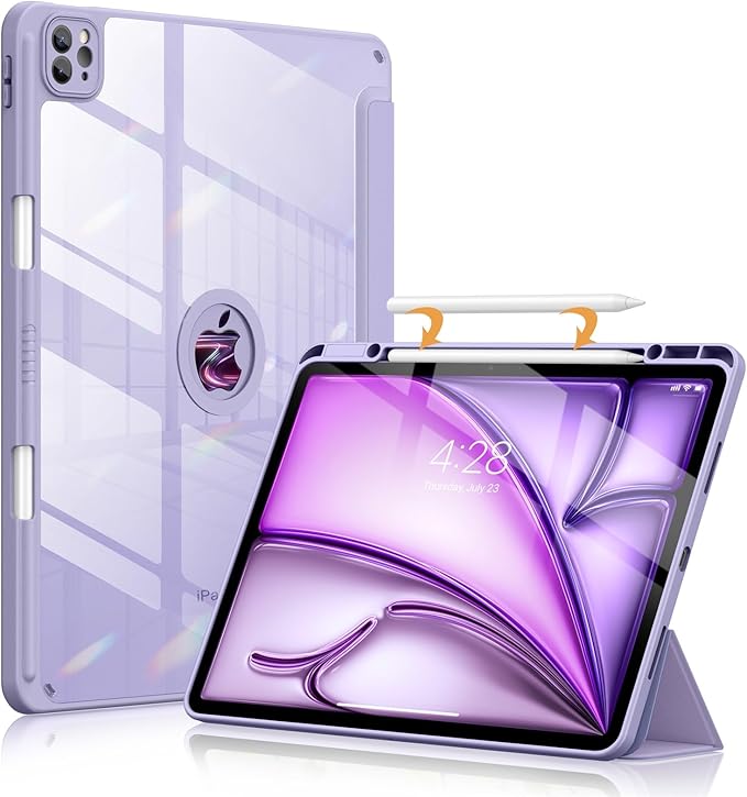 Soke for New iPad Air 13 Inch Case (M3 2025/M2 2024) with Pencil Holder, [Auto Wake/Sleep + Camera Protection] Shockproof Cover with Clear Transparent Back for Apple iPad Pro 12.9", Gray Purple