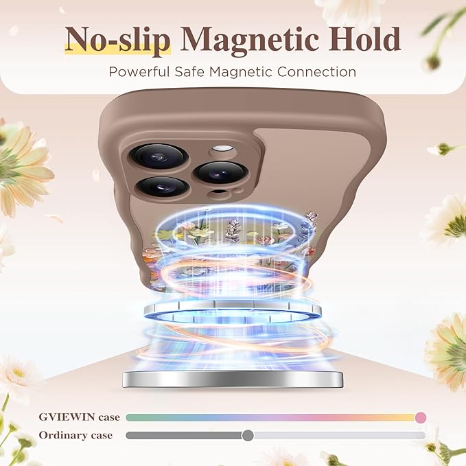 GVIEWIN for iPhone 15 Pro Case Compatible with MagSafe [Curly Wave Edge][Full Camera Protection] Floral Translucent Shockproof Magnetic Women Phone Case for iPhone 15 Pro 6.1'', Primrose/Brown
