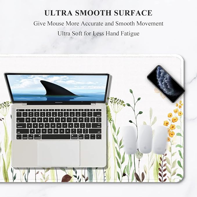 Auhoahsil Desk Pad, XXL Large Mouse Pad, Extended Gaming Mousepad, Cute Desk Mat for Women, Big Office Accessories Mouse Pad for Computer Keyboard and Laptop, 35.6" x 15.7", White Wildflower Butterfly