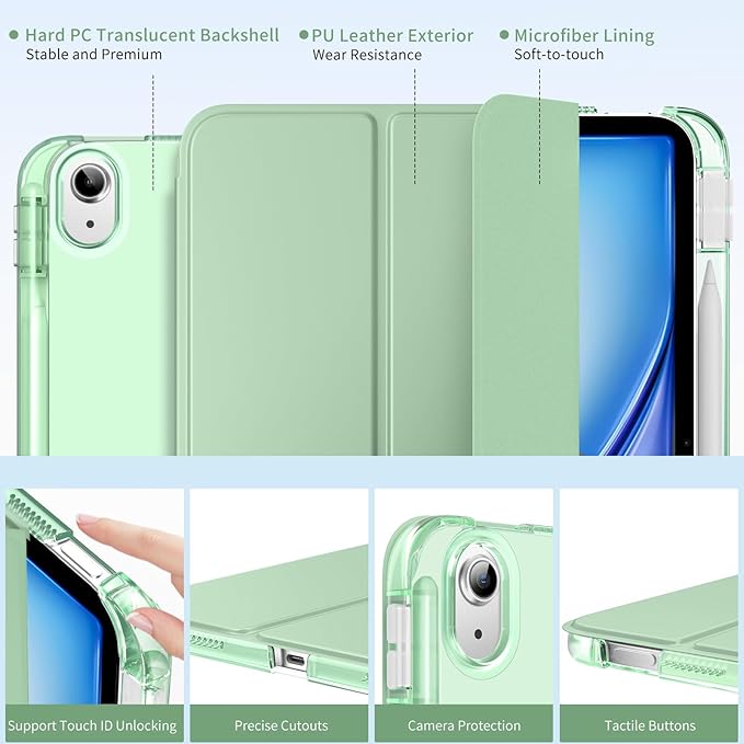 MoKo for iPad Air 11 inch Case (M4/M3/M2) 2026/2025/2024, iPad Air 5th/4th Gen 10.9 inch Case 2022/2020 with Pencil Holder, Slim Light Trifold Cover with Hard PC Translucent Back Shell, Matcha Green