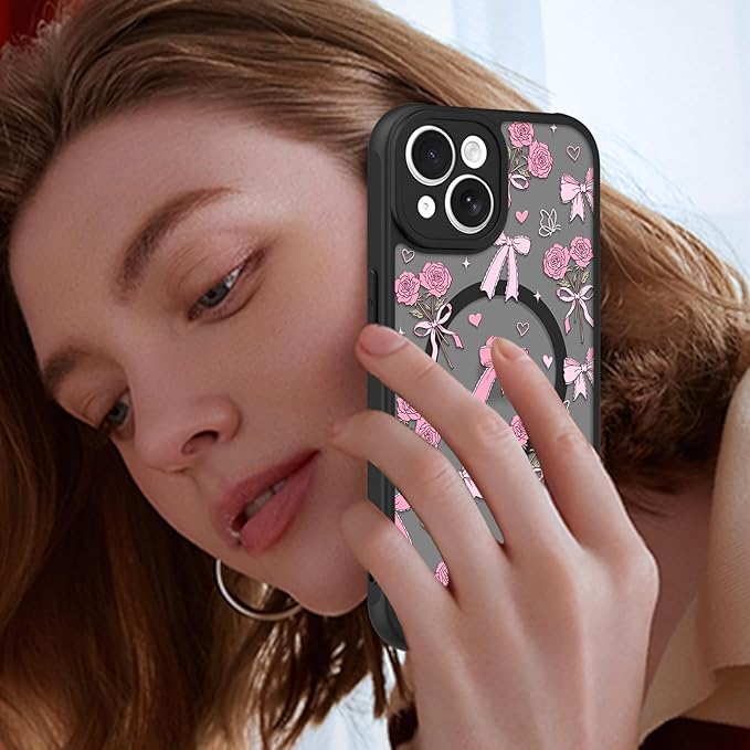 KANGHAR Case Compatible with iPhone 15 Plus Bows Bouquet Pattern [Compatible with Magsafe] Cute Flowers Florals Protective Magnetic Case for Girls Women Men