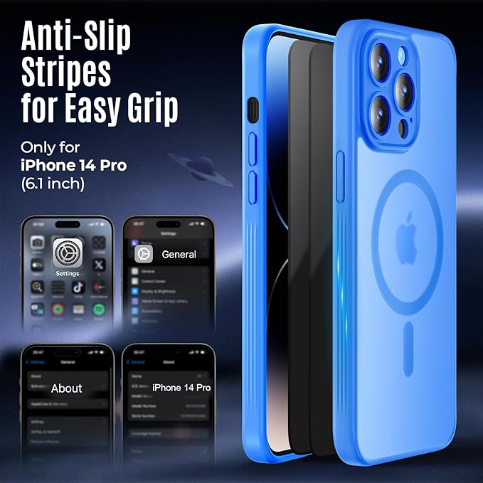 Symcele Designed for iPhone 14 Pro Case, Compatible with MagSafe, with Privacy Screen Protectors X2, [Camera Protection] [15FT Military Drop Protection] Shockproof Phone Case, 6.1", Blue
