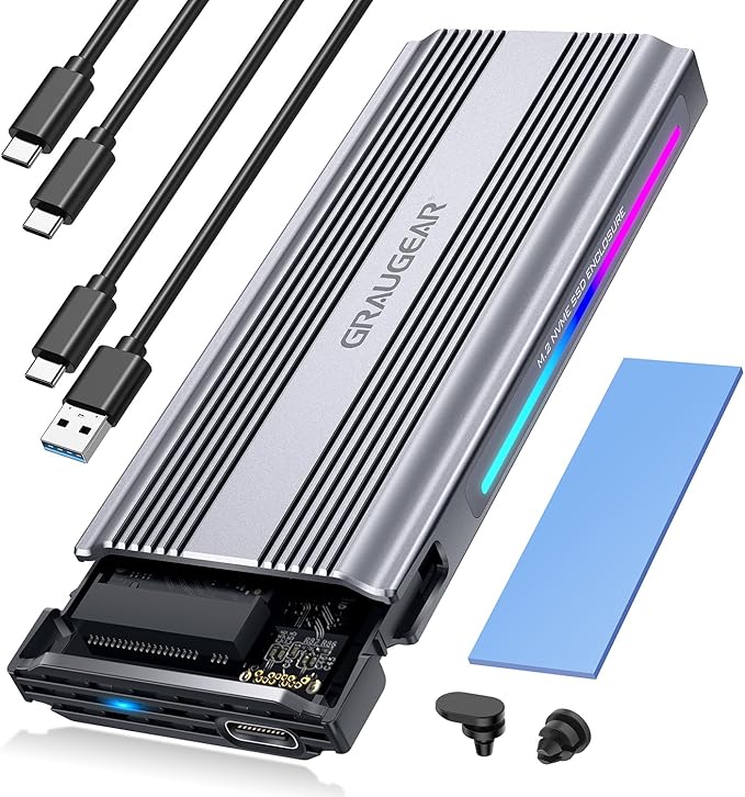 GRAUGEAR M.2 NVMe SSD Enclosure, 10Gbps USB3.2 Gen2 Tool-Free Aluminum External M2 Solid State Drive RGB Enclosure USB C, RTL9210 External Case for PCIe NVMe M-Key B+M Key [G-M901-AC-10G]