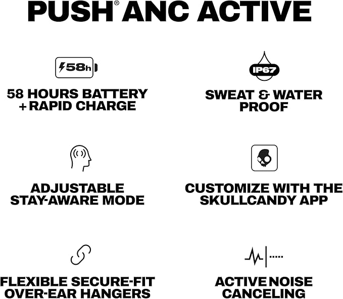 Skullcandy Push ANC Active Wireless Earbuds, Bluetooth Headphones, Noise Cancelling, 58 Hours Battery, Secure-Fit Over-Ear Hanger, Sweat and Waterproof, Microphone for iPhone Android - Primer